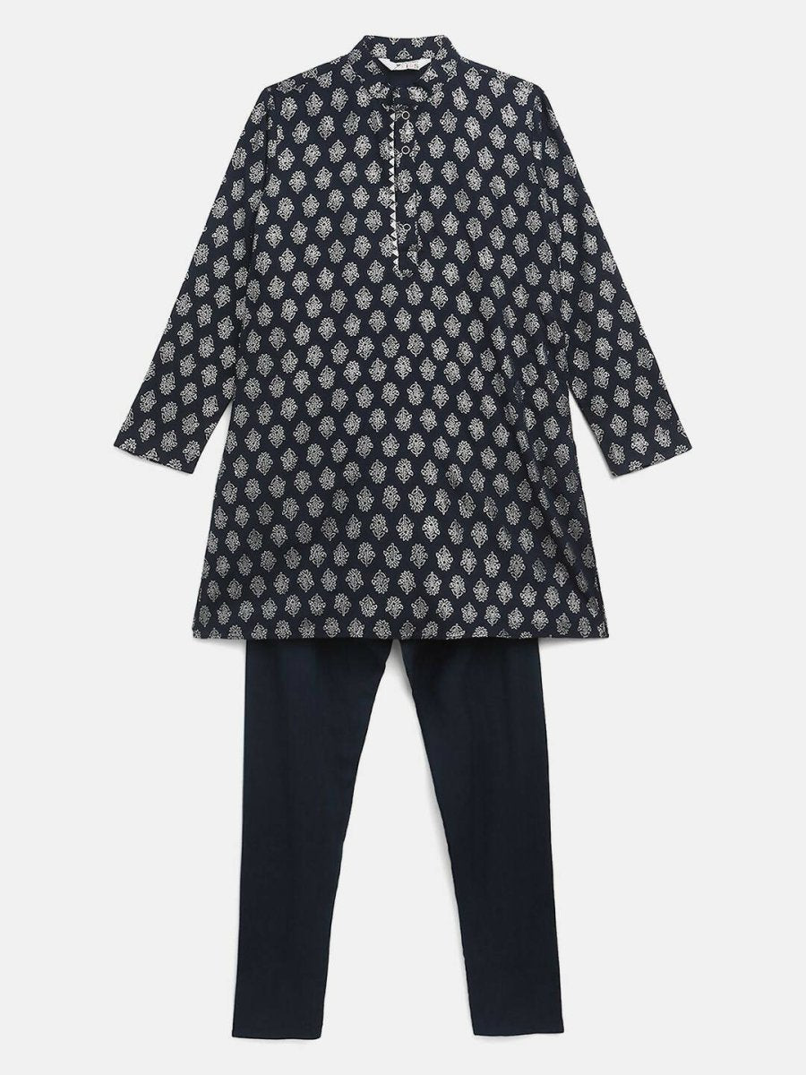 Ahalyaa Navy Blue Poly Rayon Silver Foil Print Kids Kurta Churidar Set For Boys - Distacart
