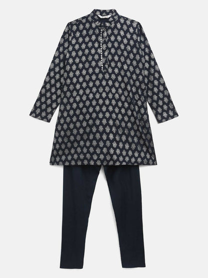 Ahalyaa Navy Blue Poly Rayon Silver Foil Print Kids Kurta Churidar Set For Boys - Distacart