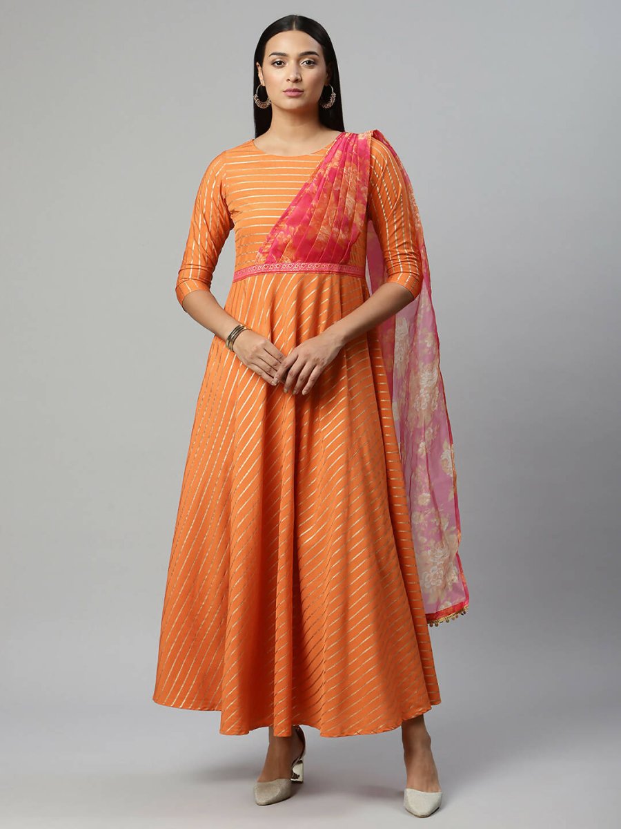 Ahalyaa Women's Orange Crepe Gold Print Dress - Distacart