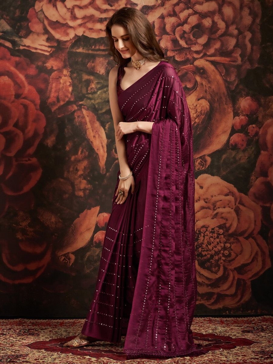 Anouk Magenta Embellished Mirror Work Pure Georgette Saree - Distacart