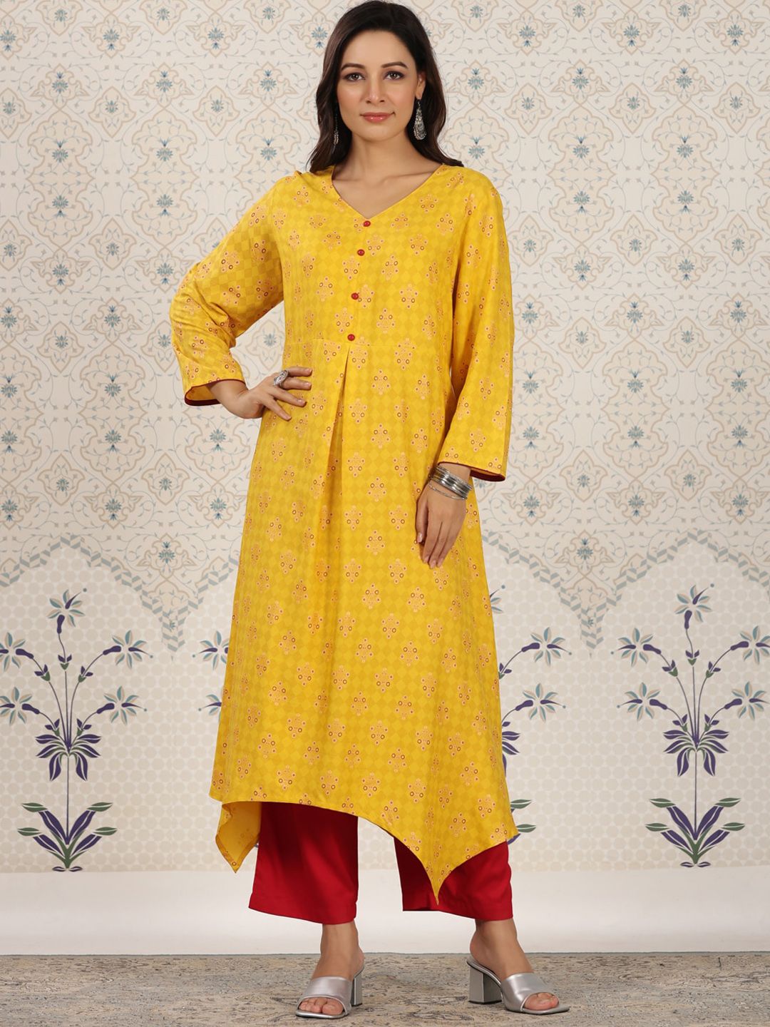 Ode by House of Pataudi Ethnic Motifs Printed V-Neck Asymmetric A-Line Kurta - Distacart