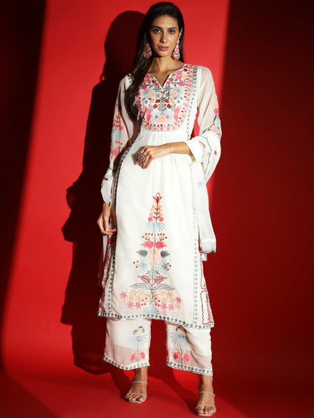 Kalini Floral Embroidered Kurta With Palazzos & Dupatta - Distacart