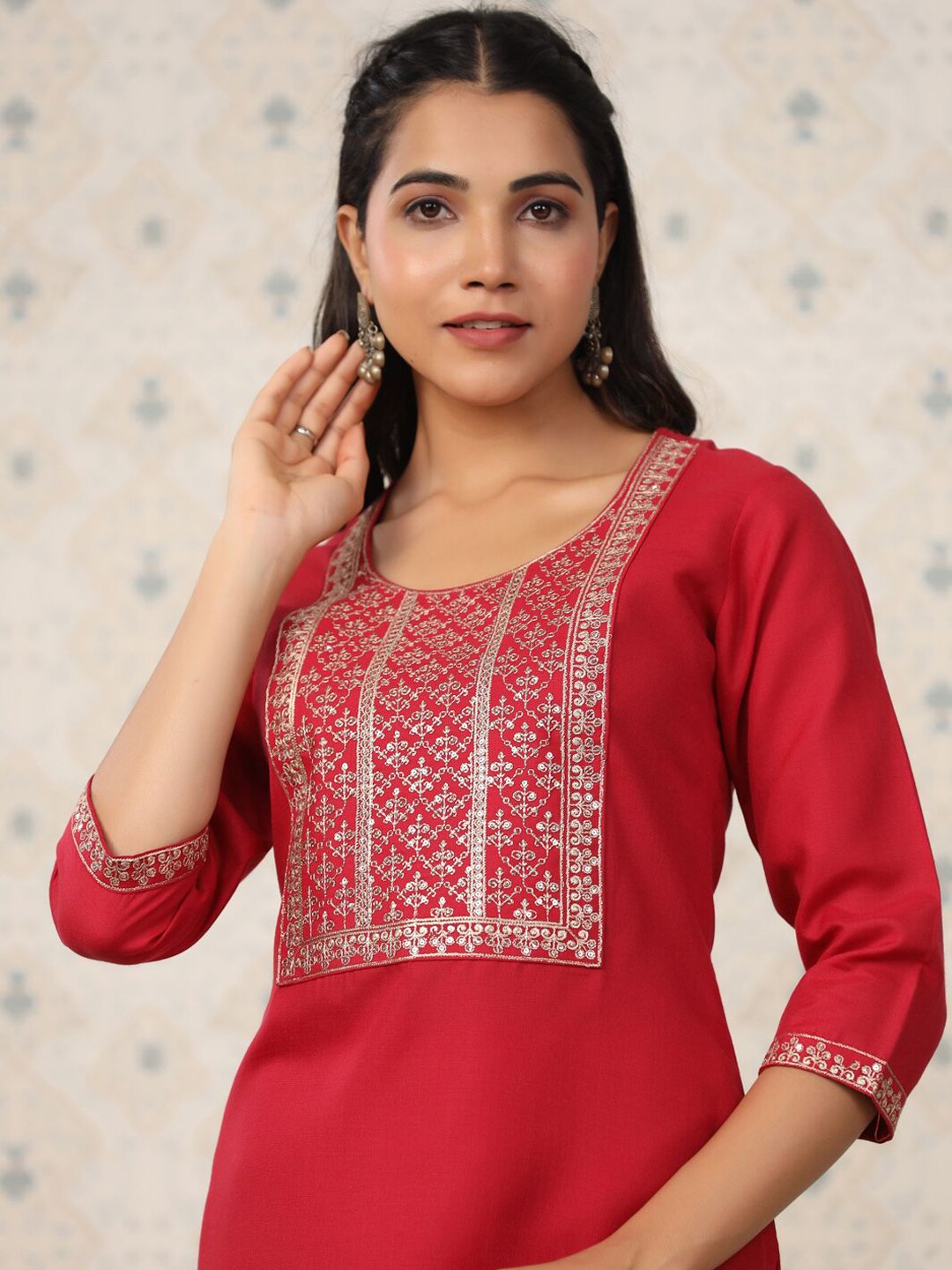 Ode by House of Pataudi Ethnic Motifs Yoke Design Sequinned Kurta with Trousers - Distacart