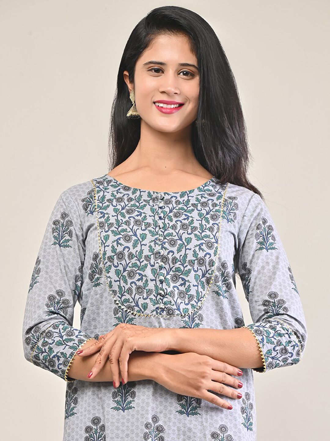 Swasti Women Grey Floral Printed Floral Cotton Kurta - Distacart