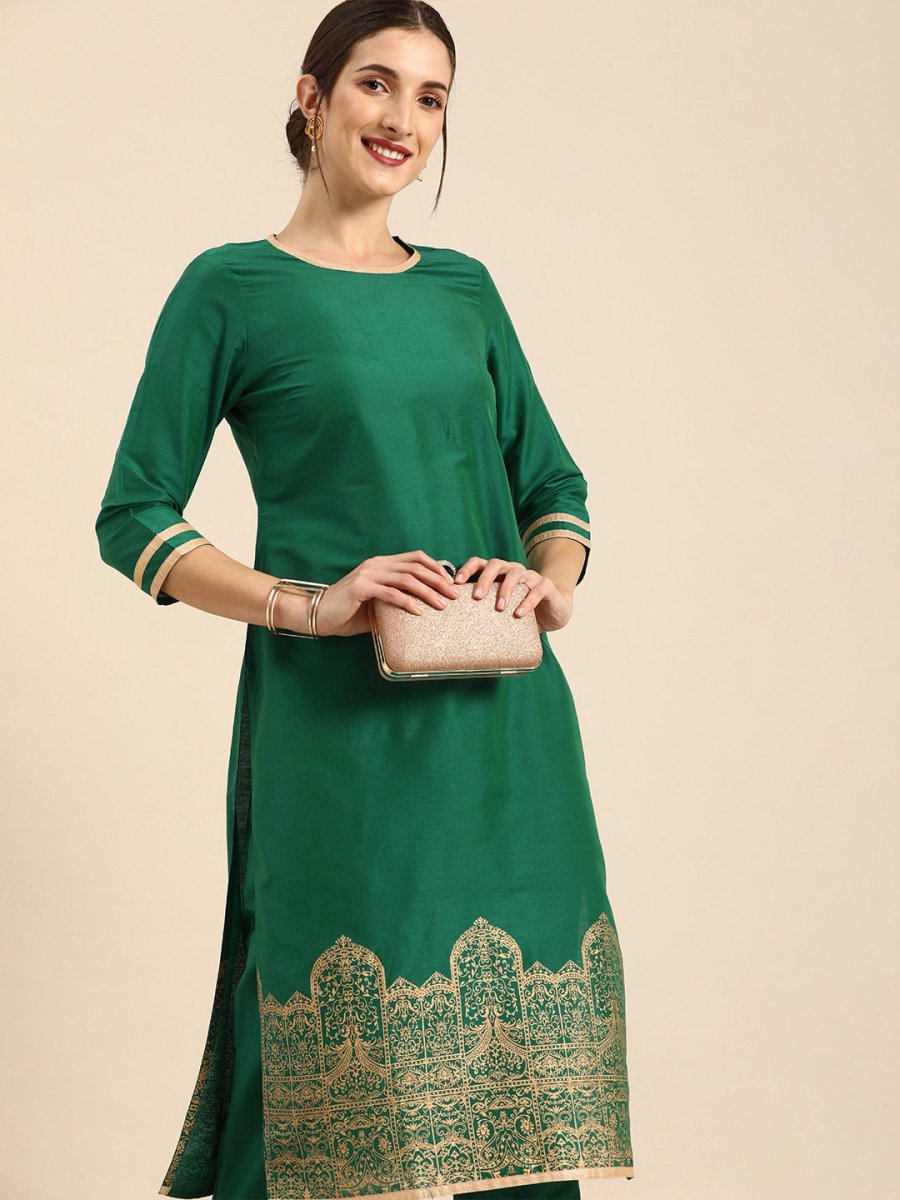 All About You Women Green & Gold Printed Regular Kurta with Trousers - Distacart