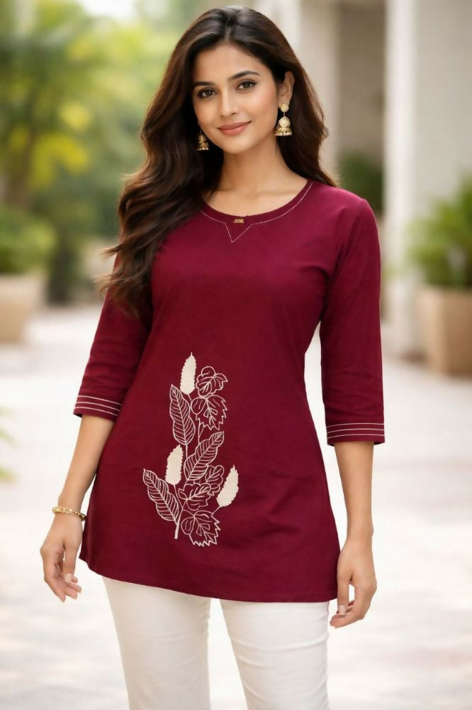Teeya Creation Womens New Latest Cotton Wine Floral Embroidered Short Kurti - Dista