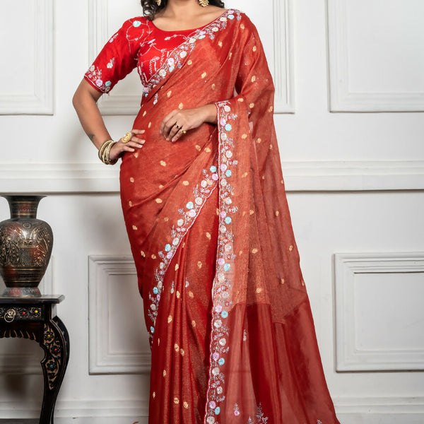 Morchari Rust Red Pure Chiffon Hand Embroidery Saree And Stitched Blouse - Distacart