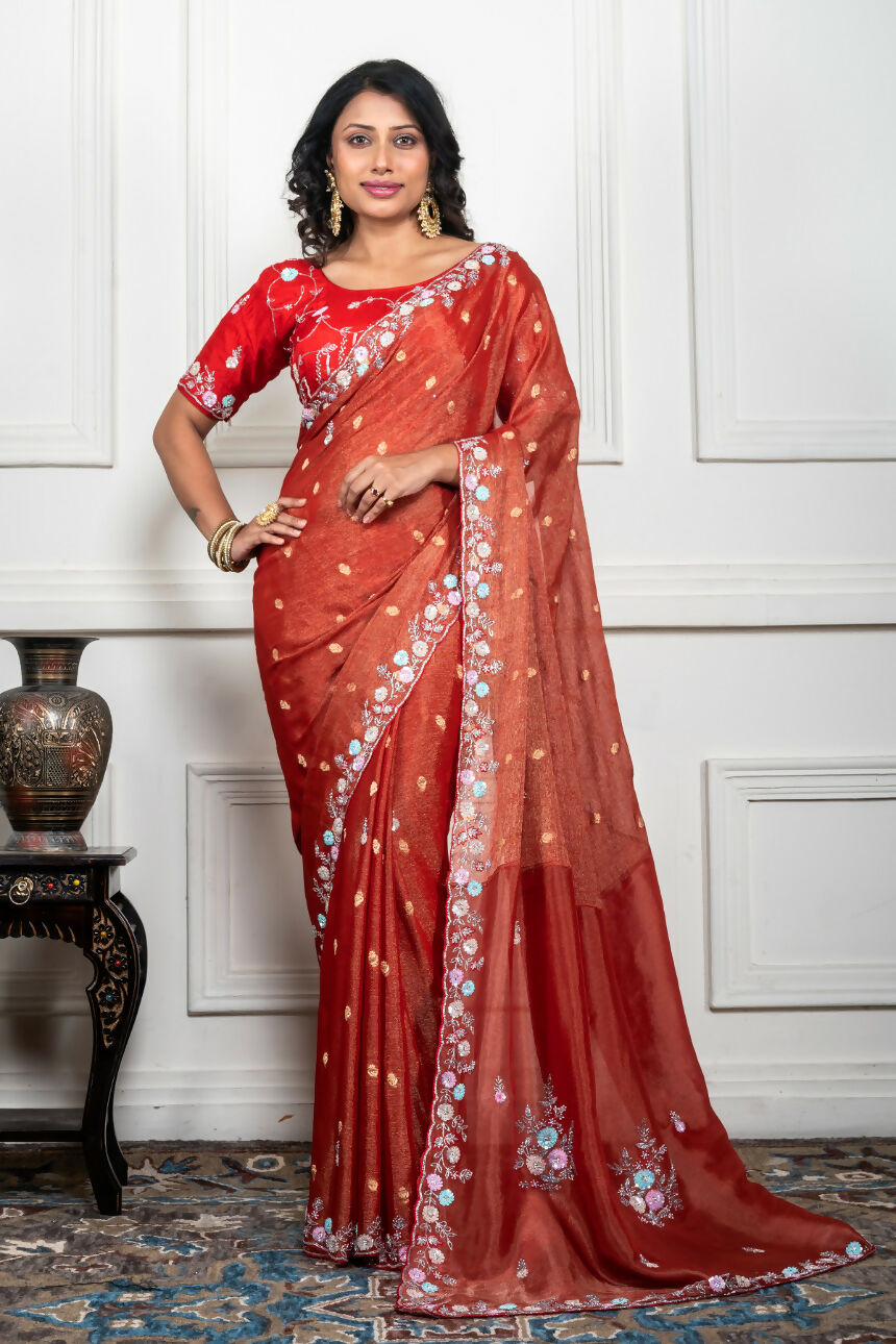 Morchari Rust Red Pure Chiffon Hand Embroidery Saree And Stitched Blouse - Distacart