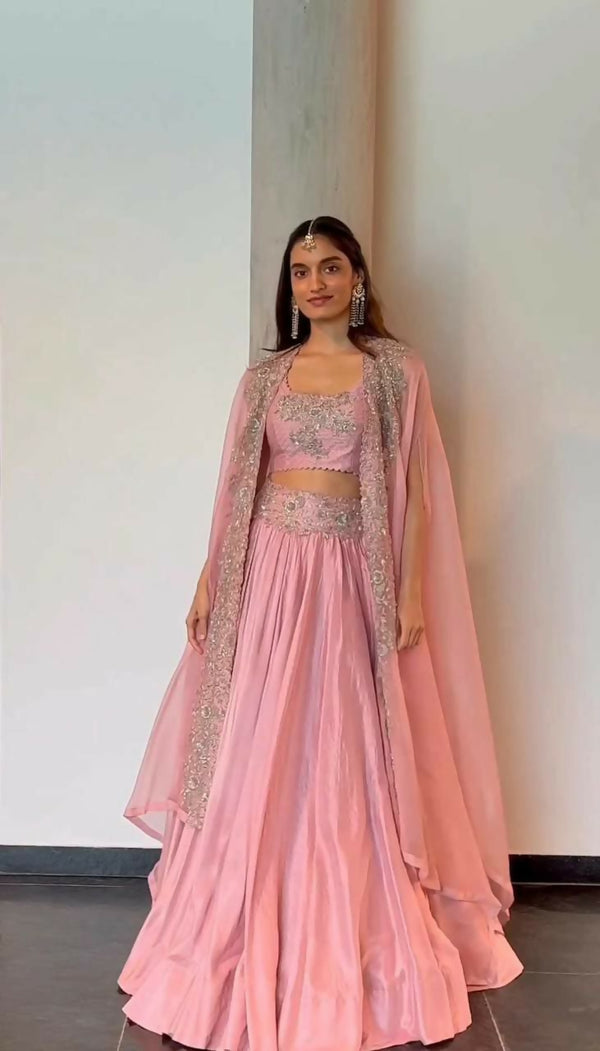 Jyoti Fashion Women's Pink Chinon Sequins with Thread Embroidered Designer Lehenga Choli with Shrug Set - Distacart