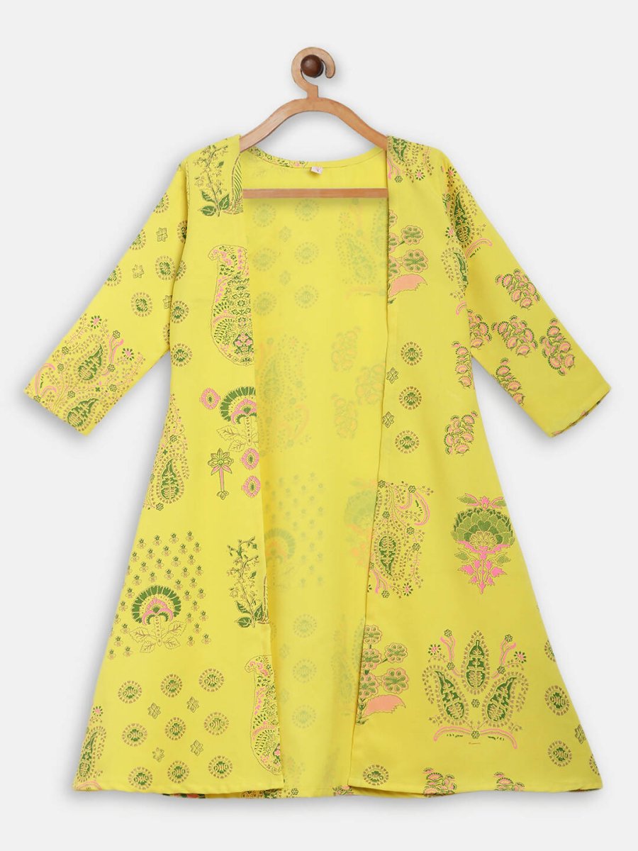 Ahalyaa Yellow Viscose Rayon Printed Kids Top & Palazzo Sets With Jacket For Girls - Distacart