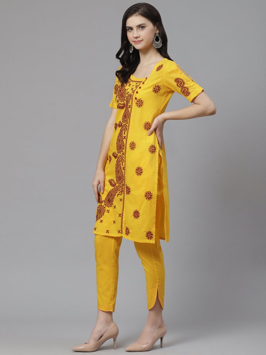 ADA Women Yellow & Maroon Paisley Chikankari Embroidered Sustainable Handloom Kurta with Trousers - Distacart
