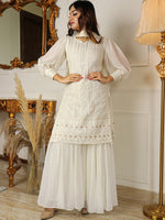 Thumbnail for Kalini Striped Sweetheart Neck Sequined Tie-Up Straight Kurta with Sharara & Dupatta - Distacart