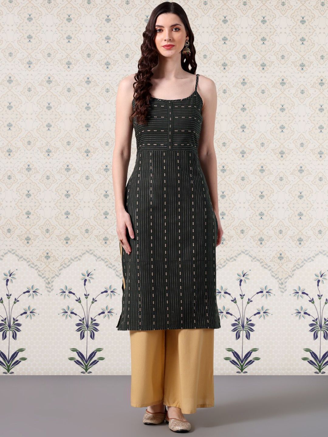 Ode by House of Pataudi Cotton Geometric Texture Shoulder Straps Kurta - Distacart