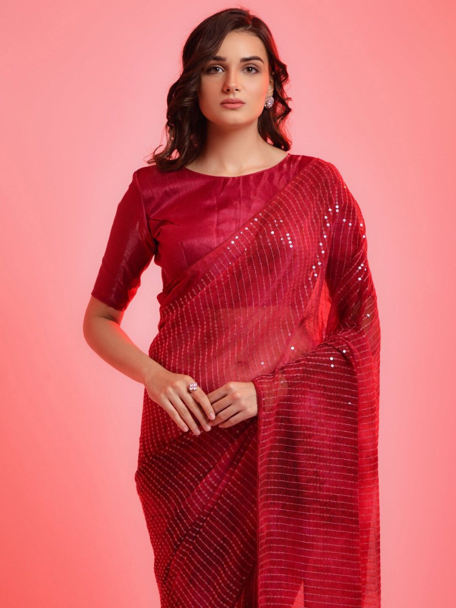 Anouk Red & Gold-Toned Embellished Sequinned Pure Georgette Saree - Distacart