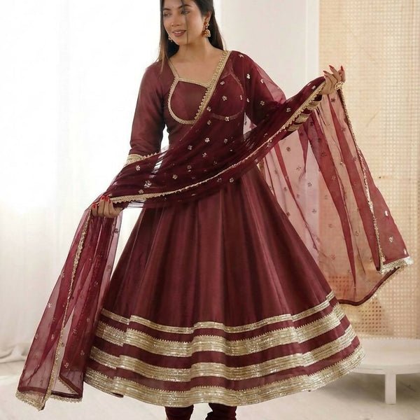 Teeya Creation Maroon Cosmos Gold Lace Work Party Wear Gown - Distacart
