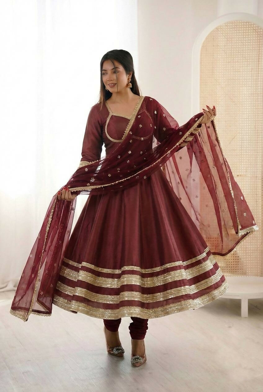 Teeya Creation Maroon Cosmos Gold Lace Work Party Wear Gown - Distacart