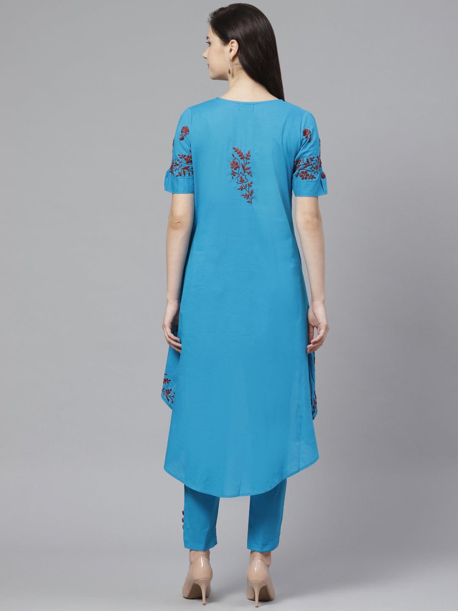 ADA Women Blue & Maroon Chikankari Embroidered High Low Handloom Sustainable Kurta with Trousers - Distacart