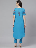 Thumbnail for ADA Women Blue & Maroon Chikankari Embroidered High Low Handloom Sustainable Kurta with Trousers - Distacart