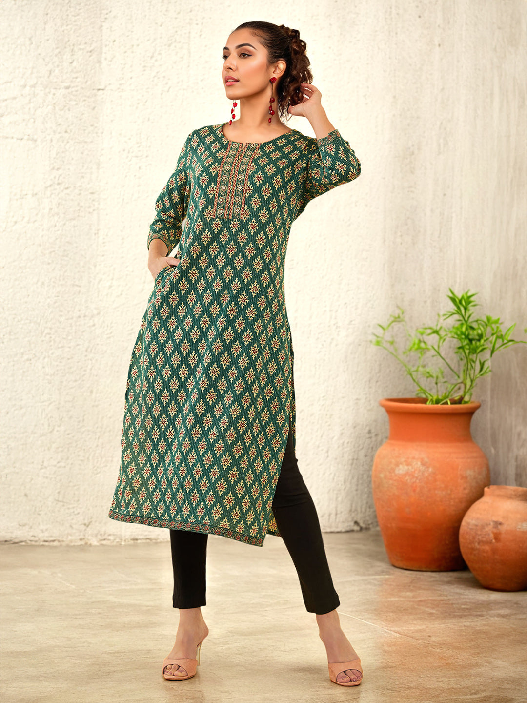 Soch Ethnic Motifs Printed Cotton Yoke Design Round Neck Mirror Work Kurta - Distacart