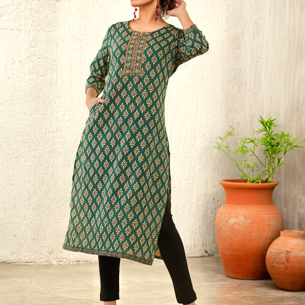 Soch Ethnic Motifs Printed Cotton Yoke Design Round Neck Mirror Work Kurta - Distacart