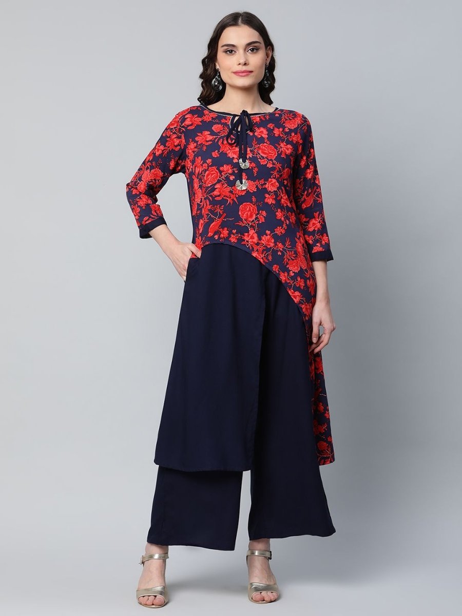 Ahalyaa Women's Navy Blue Rayon Wax Printed Kurta Palazzo Set - Distacart