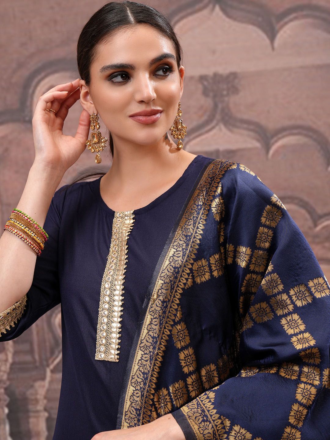 Vishudh Navy Blue Mirror Work Zari Straight Kurta with Palazzo & Dupatta - Distacart