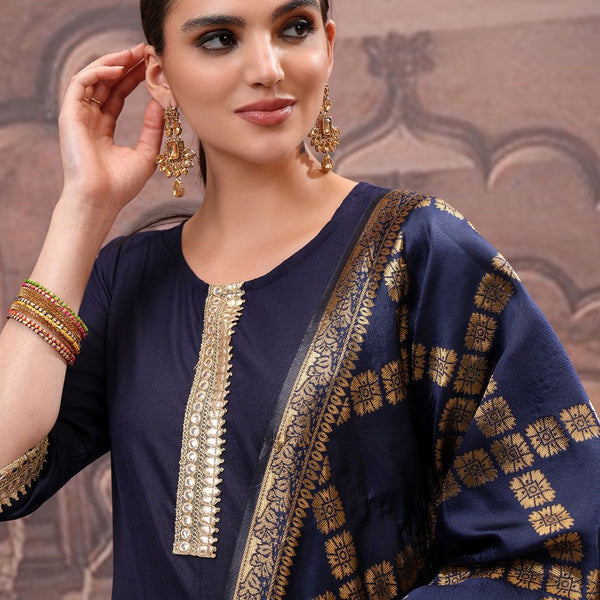 Vishudh Navy Blue Mirror Work Zari Straight Kurta with Palazzo & Dupatta - Distacart
