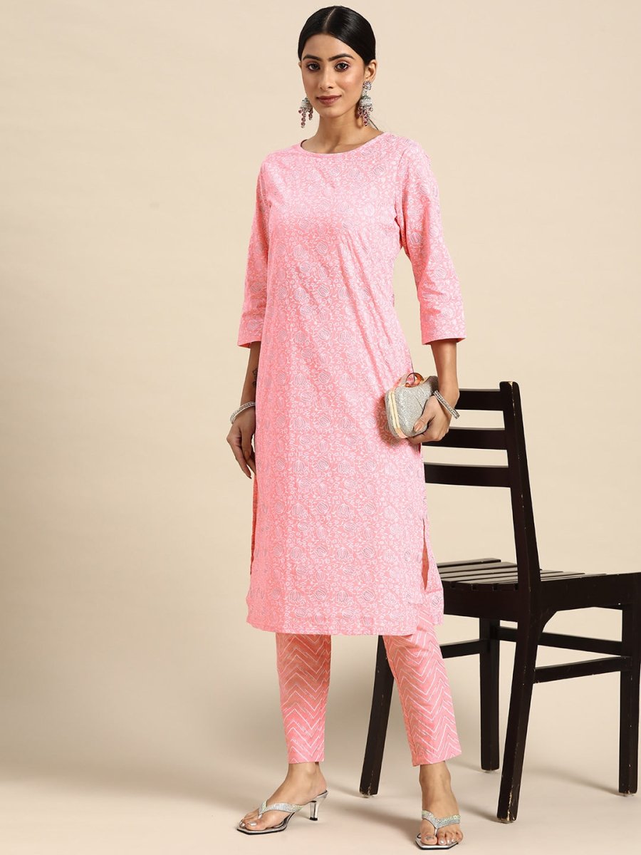 All About You Women Pink Ethnic Motifs Printed Pure Cotton Kurta with Trousers - Distacart