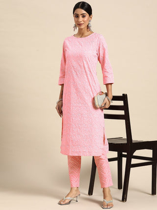 All About You Women Pink Ethnic Motifs Printed Pure Cotton Kurta with Trousers - Distacart