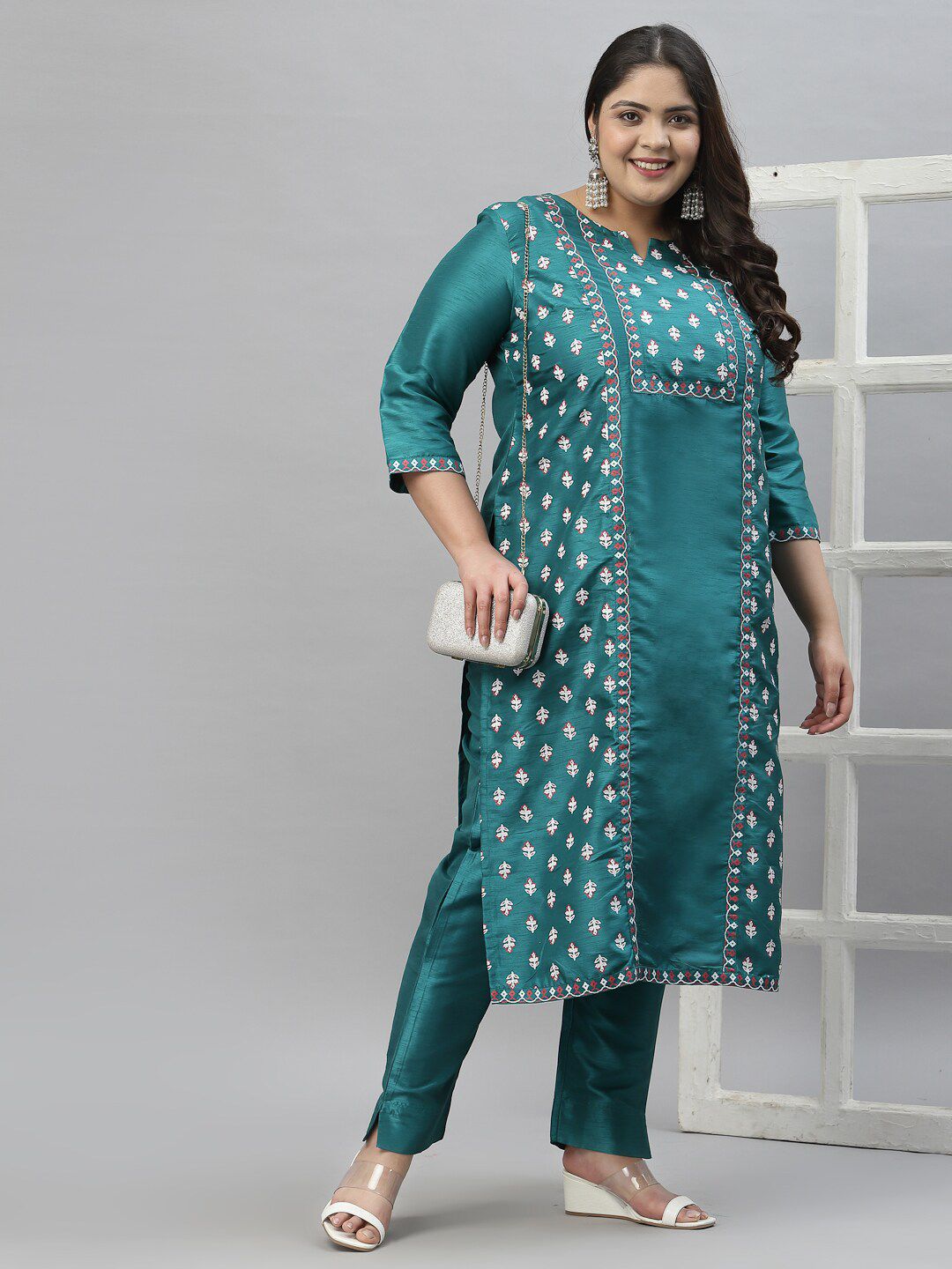 Sztori Plus Size Floral Printed Art Silk Kurta With Trousers - Distacart