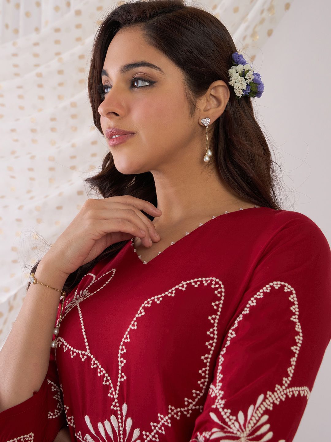 Indo Era Floral Embroidered Beads And Stones Straight Kurta With Palazzos