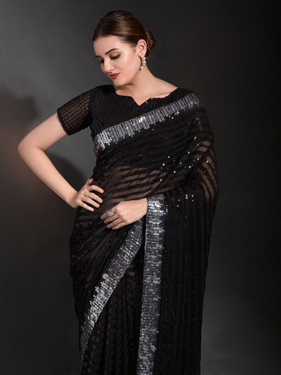 Anouk Black & Silver-Toned Embellished Sequinned Pure Georgette Saree - Distacart
