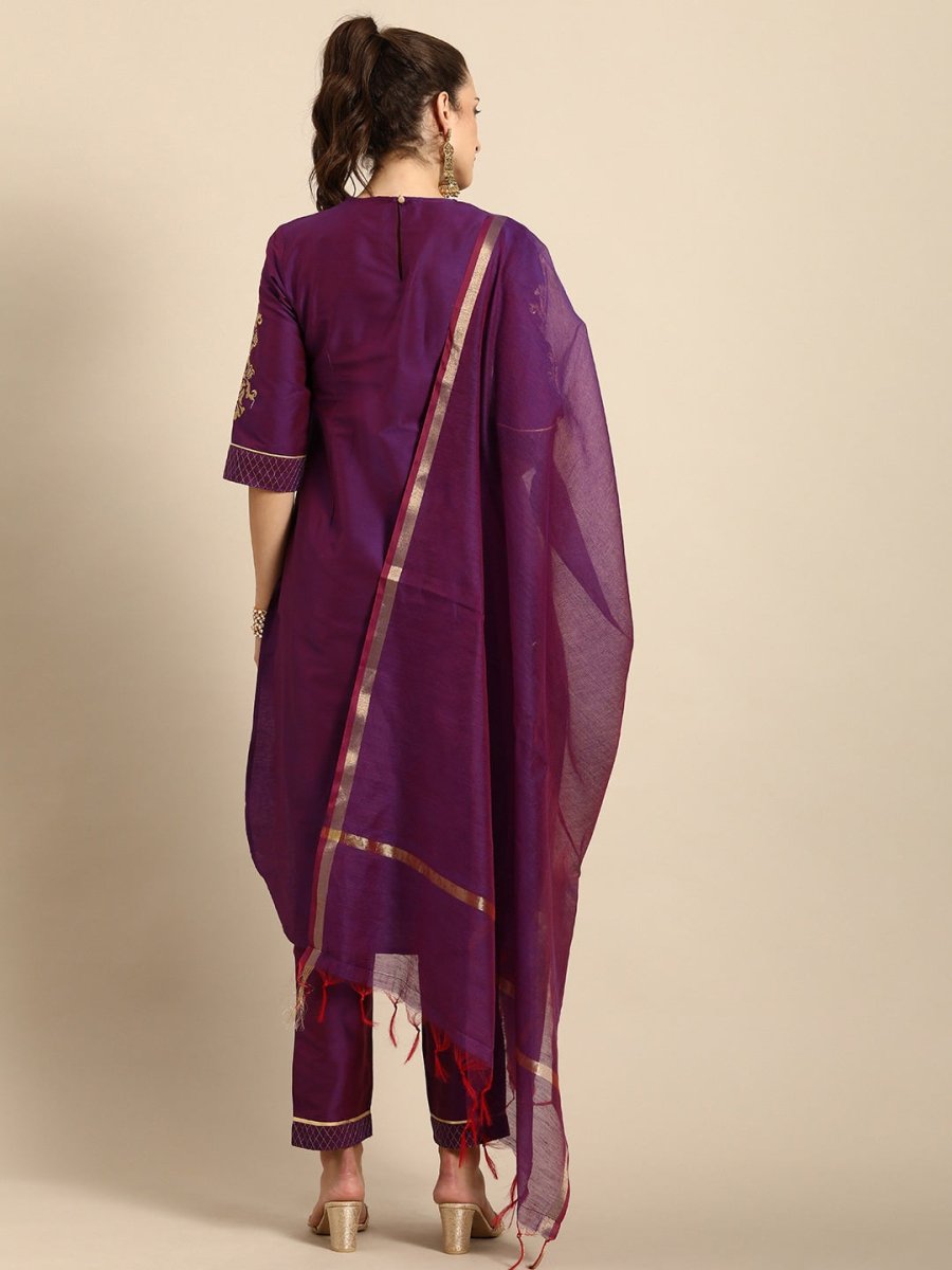 All About You Women Purple Zari Embroidered Regular Kurta with Trousers & Dupatta - Distacart