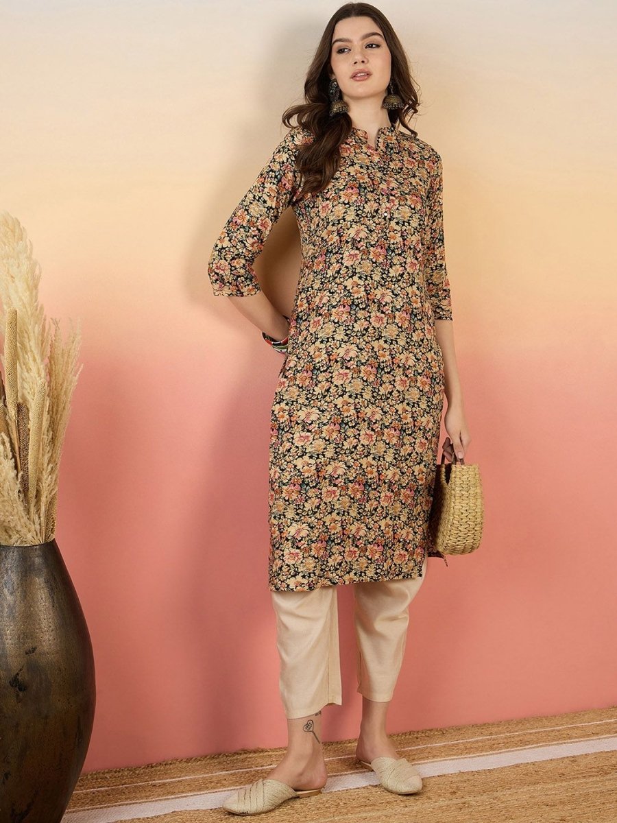 Anouk Floral Printed Mandarin Collar Straight Kurta