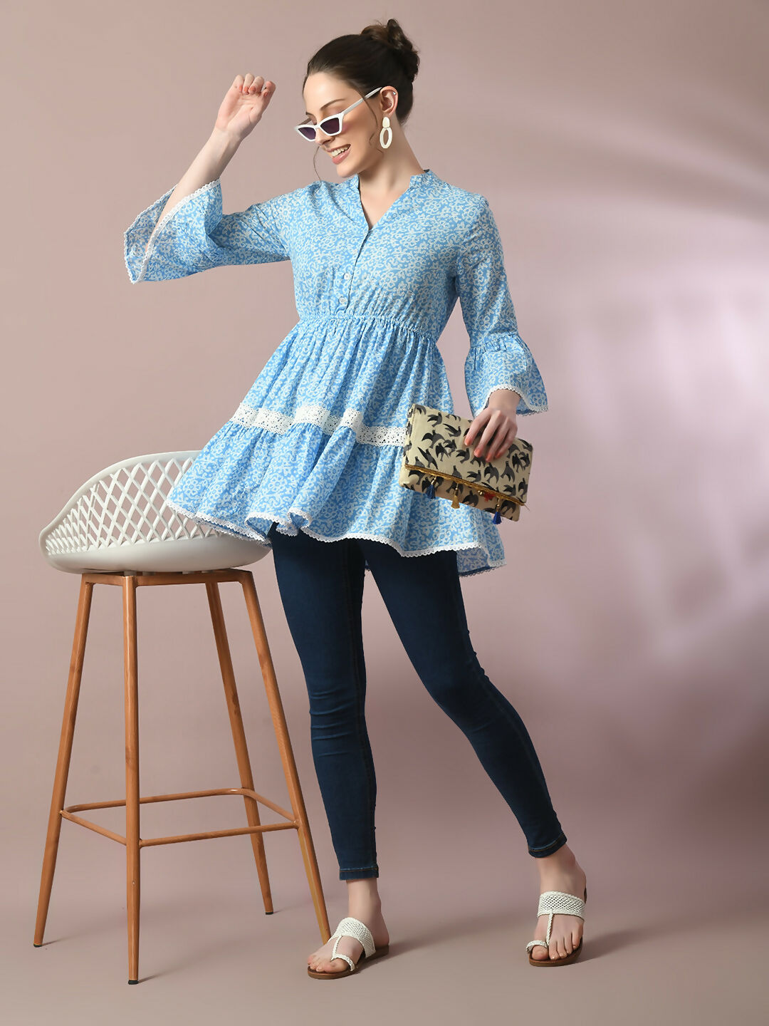 Myshka Women's Blue Embellished Cotton Gathered Party Empire Top - Distacart