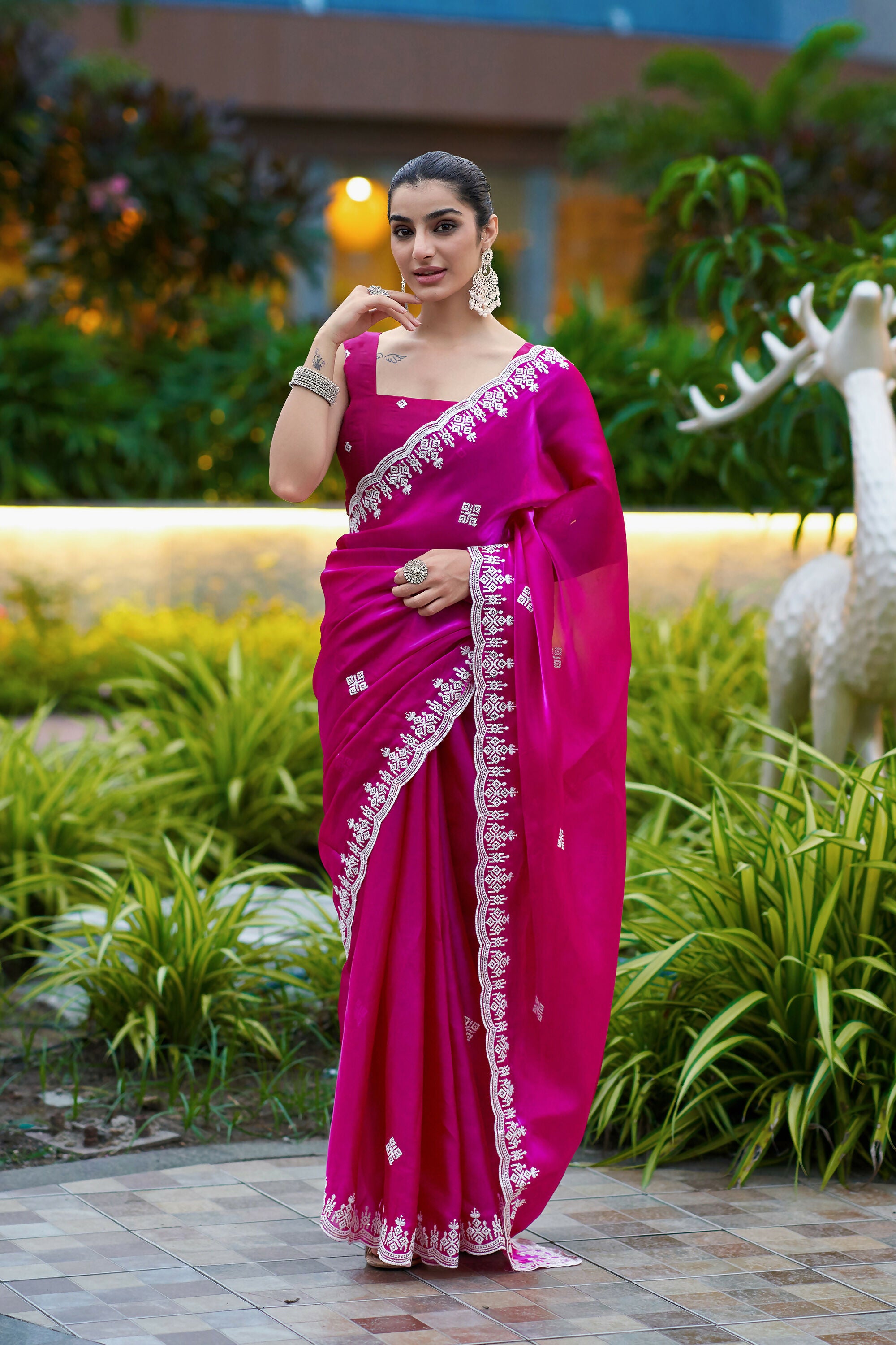 Vastranavya Pink Embroidery Work Shimmer Chiffon Saree with Unstitched Blouse