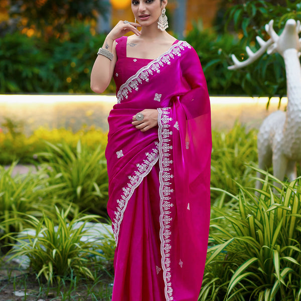 Vastranavya Pink Embroidery Work Shimmer Chiffon Saree with Unstitched Blouse - Distacart