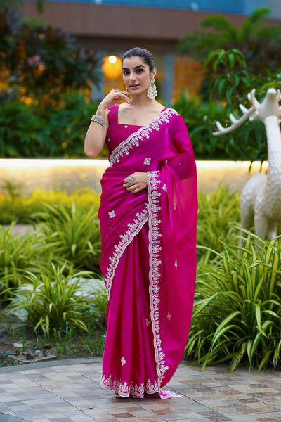 Vastranavya Pink Embroidery Work Shimmer Chiffon Saree with Unstitched Blouse
