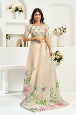 Thumbnail for Vastranavya Cream Digital Printed Linen Ready To Wear Designer Saree with Unstitched Blouse - Distacart