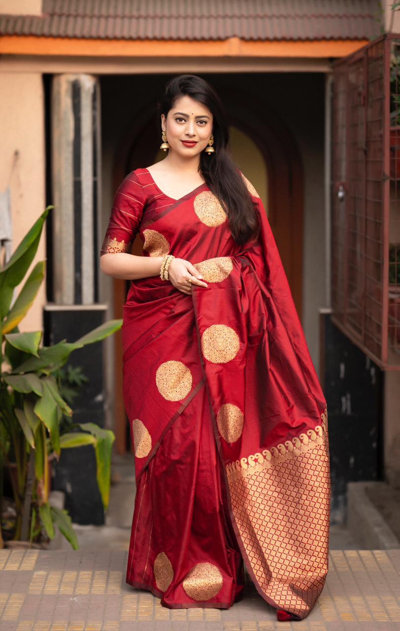 Maroon Silk Woven Saree with Unstitched Blouse - Hiral Fashion - Distacart