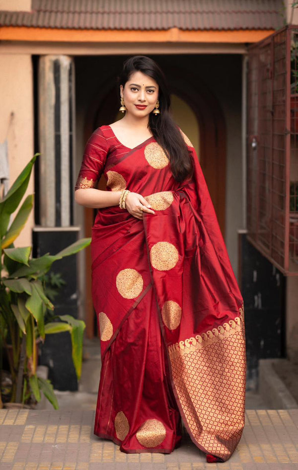 Maroon Silk Woven Saree with Unstitched Blouse - Hiral Fashion - Distacart