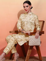 Thumbnail for Ode by House of Pataudi Women Printed Regular Linen Kurta with Trousers - Distacart