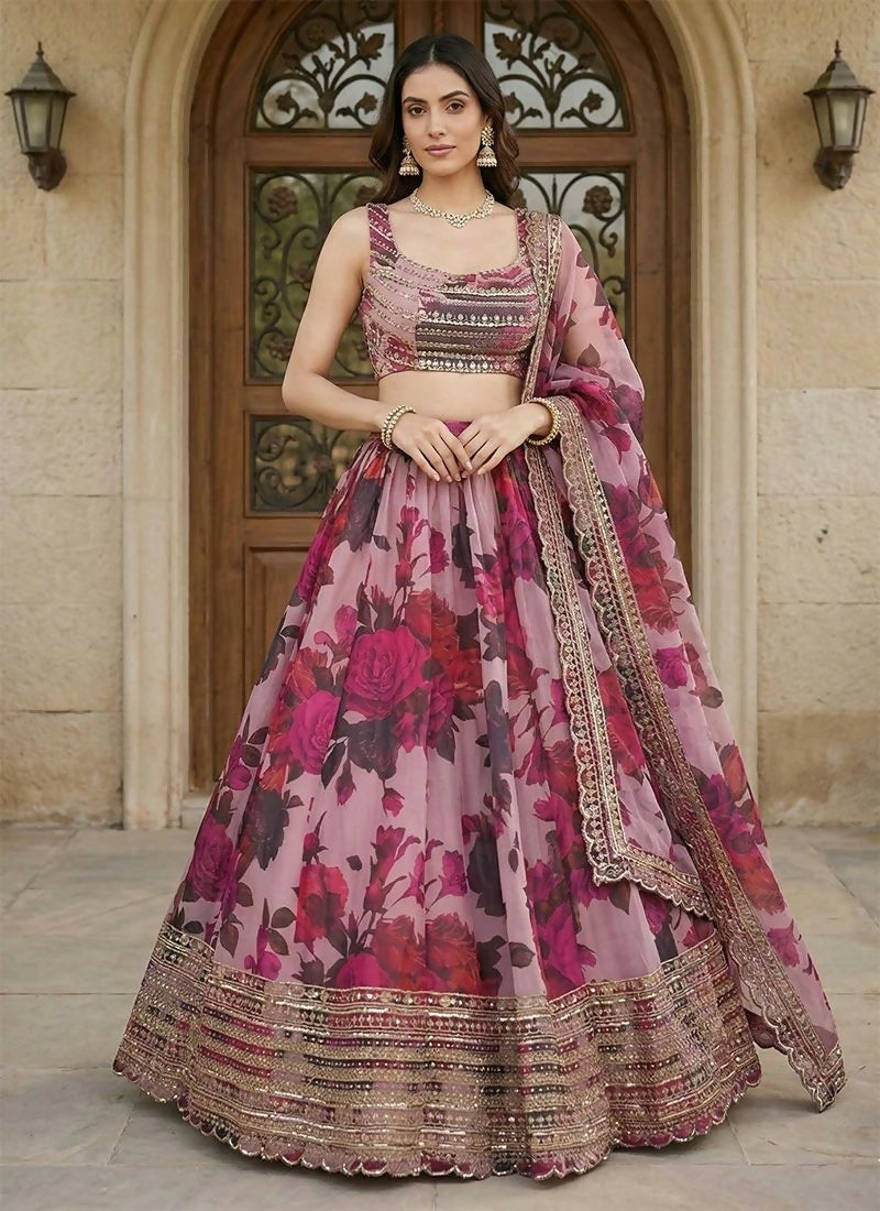 Lehenga Mart Pink Multi Printed Color Organza Designer Bollywood Style Wedding Wear Lehenga Choli - Dista