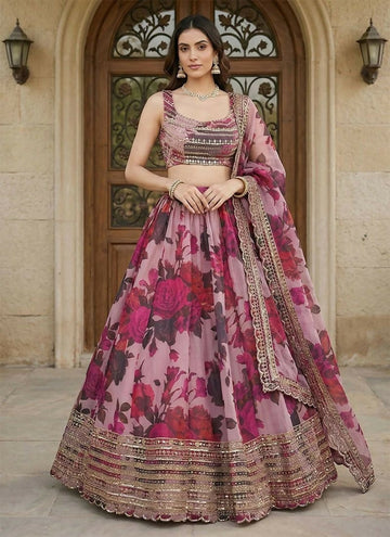 Lehenga Mart Pink Multi Printed Color Organza Designer Bollywood Style Wedding Wear Lehenga Choli - Dista
