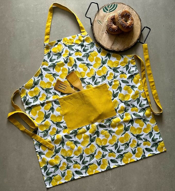 Oak & Lily 100% Cotton Kitchen Apron-Lemon Yellow - Dista