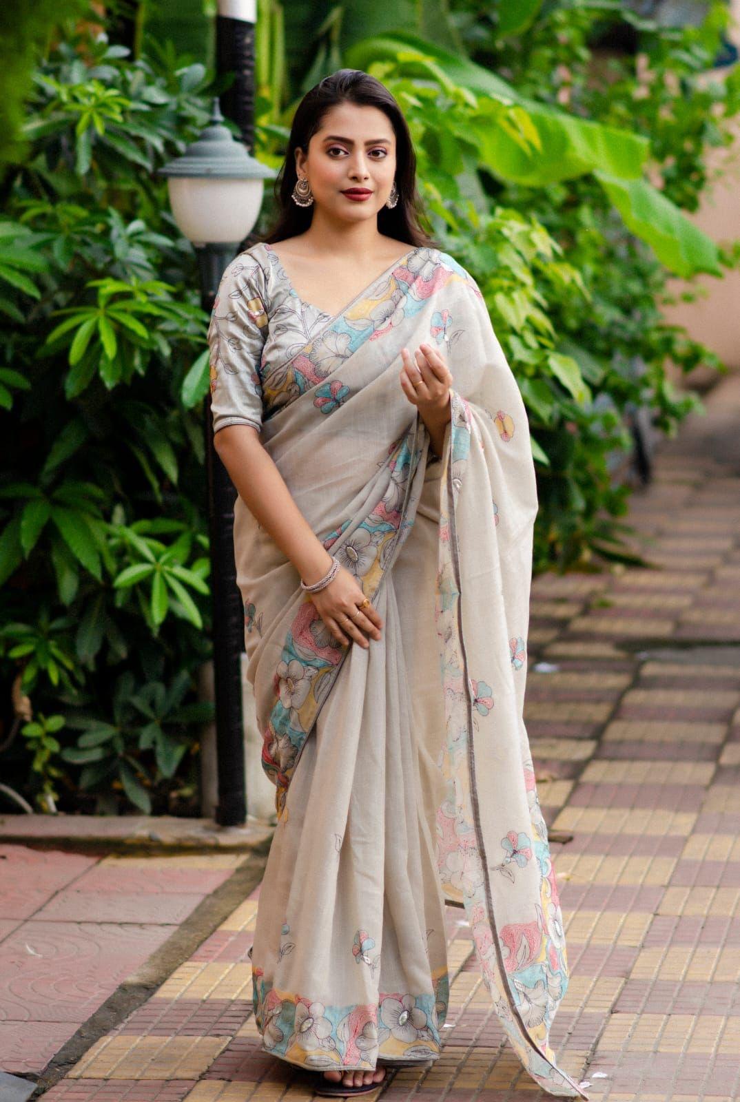 Grey Pure Linen Ethnic Motifs Saree with Unstitched Blouse - A2M - Distacart