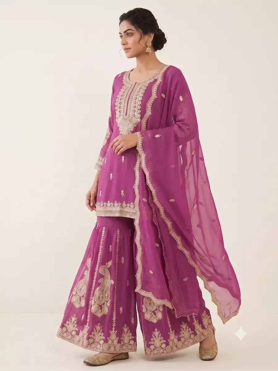 Teeya Creation Rani Pink Heavy Embroidered Sequins Sharara Set - Dista