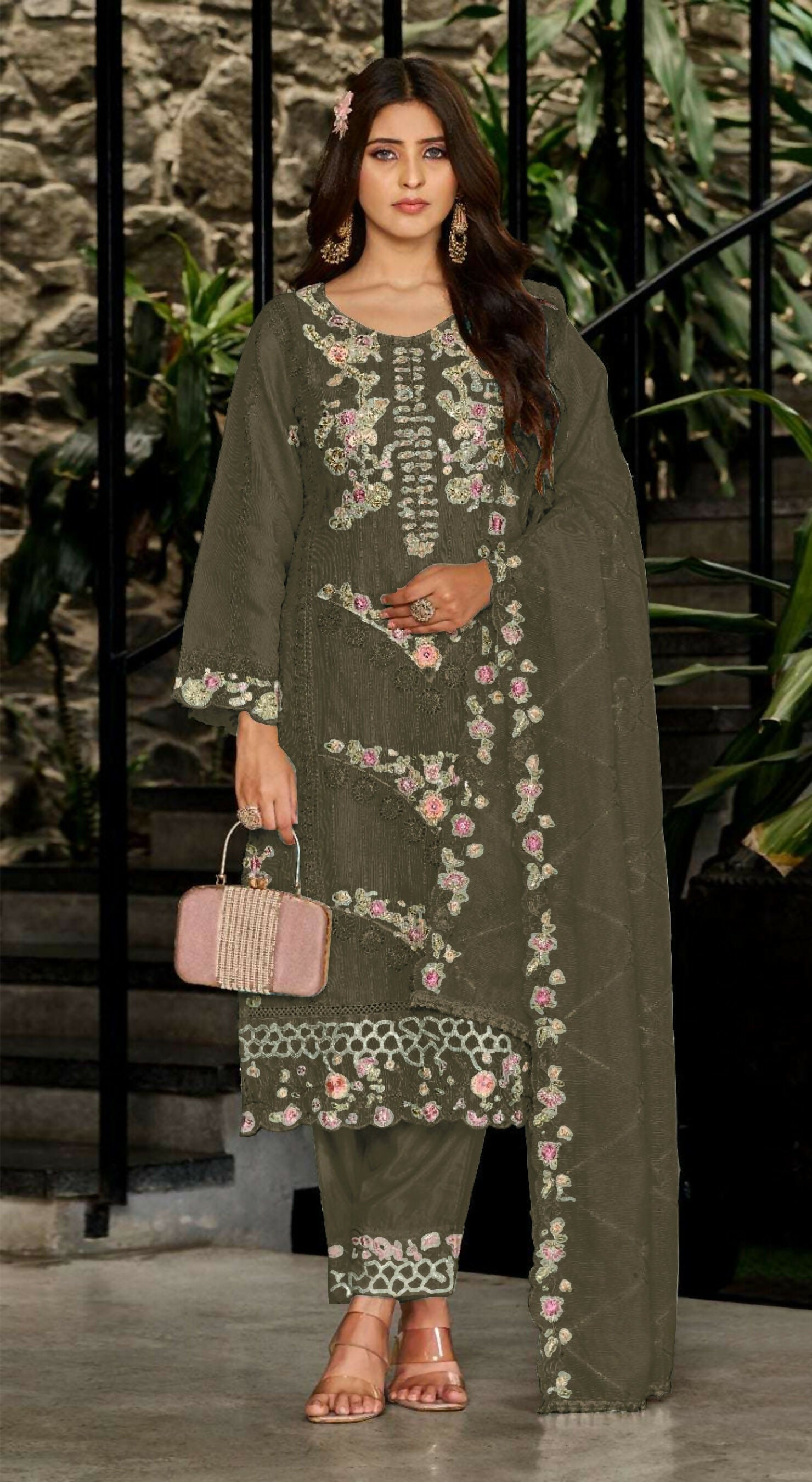 Anaita Mehendi Fox Georgette Stitched Suit with Embroidery Sequins & Khatli Work - Distacart