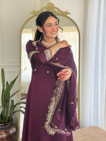 Thumbnail for The52 Wine Women's Gorgeous Vichitra Silk Fabric Embroidered Work Flared Anarkali Pant and Dupatta Set