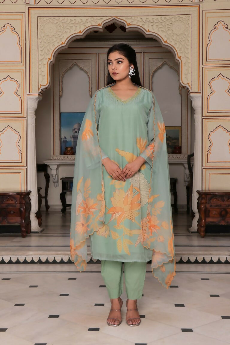 Vaasva Women Teal Green Tabby Slik Print & Embroidered Kurta, Pant & Dupatta set - Distacart